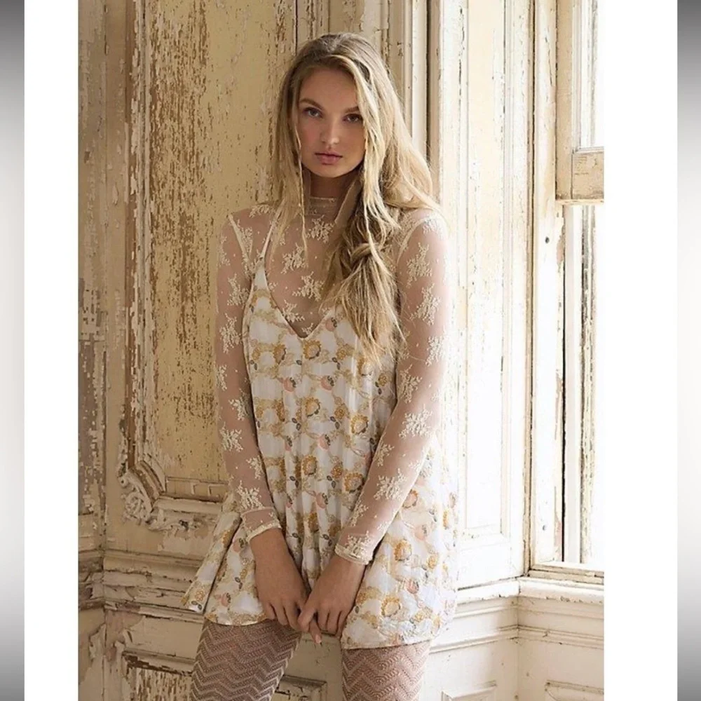Floral free people brocade gold cream romper Chiara Playsuit NWOT spring revolve